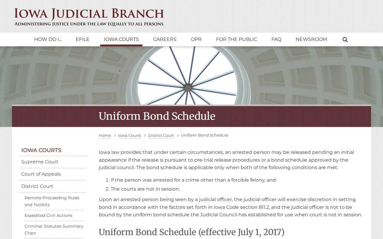 Iowa Judicial Branch uniform bond schedule and exception information