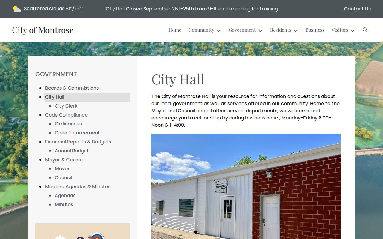 Official Montrose City Hall building and contact page