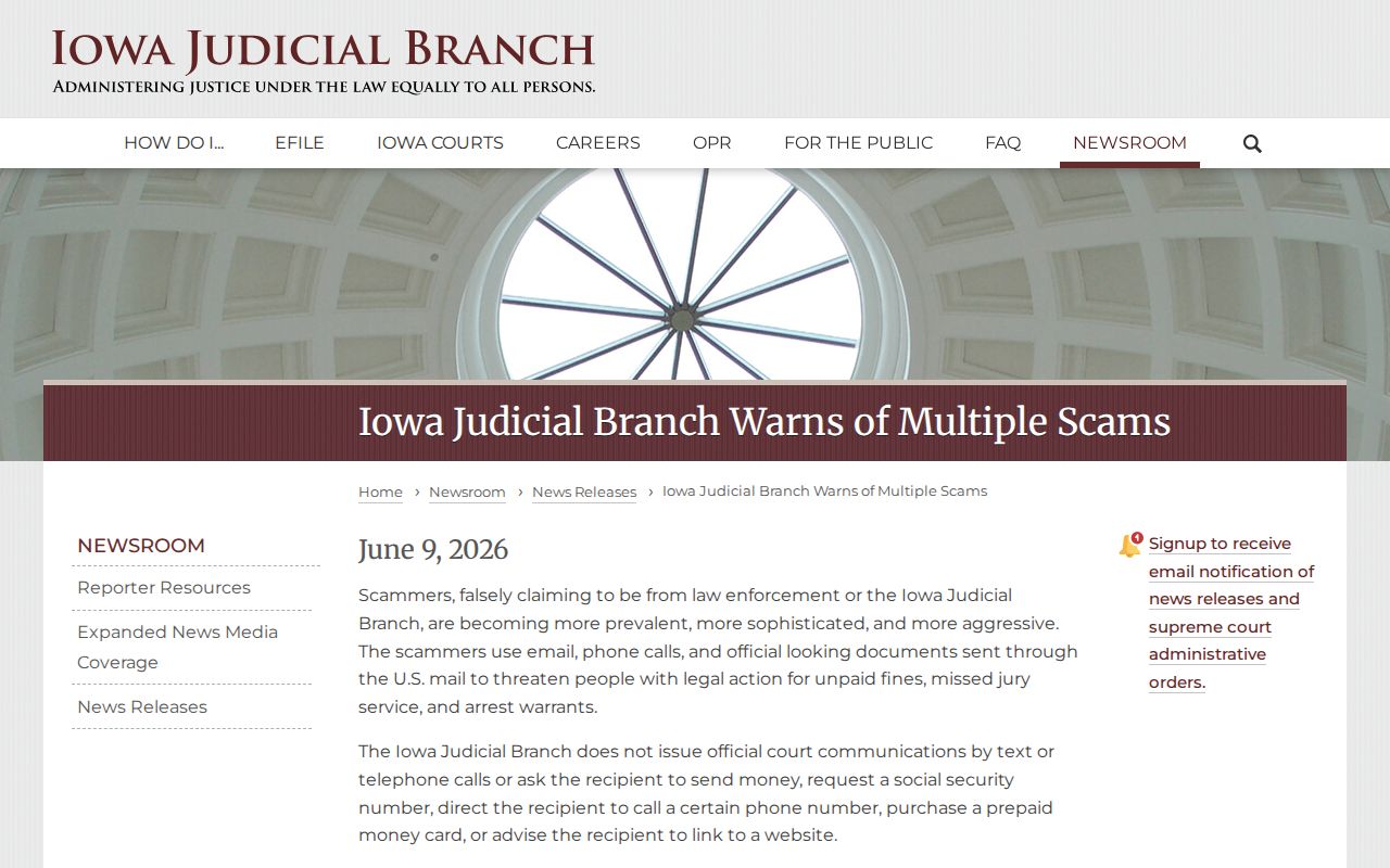 Iowa Judicial Branch official warning about warrant and court payment scams