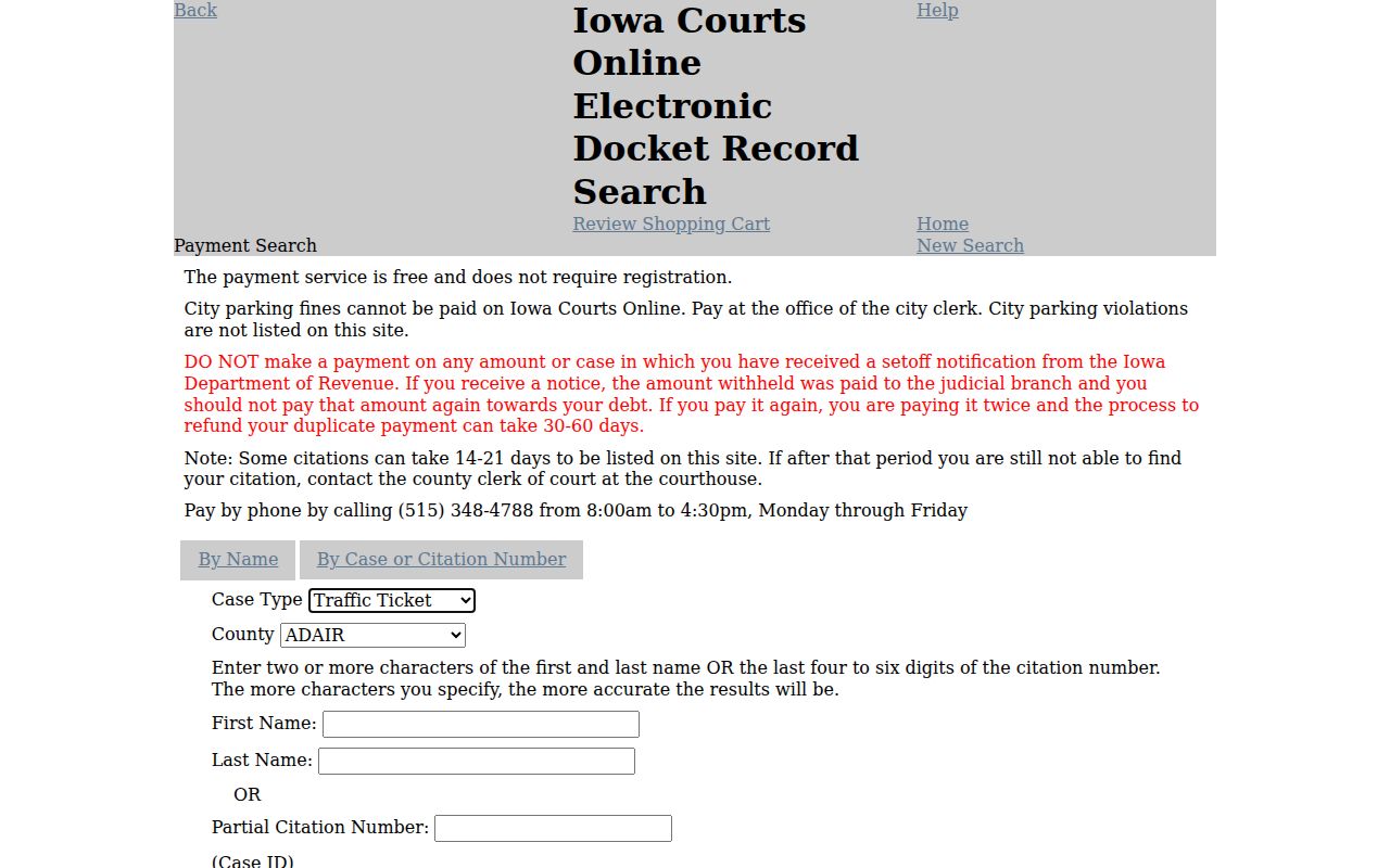 Lee County warrant-related court payment search interface