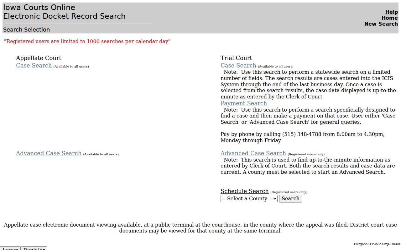 Lee County warrant records search entry in Iowa Courts Online